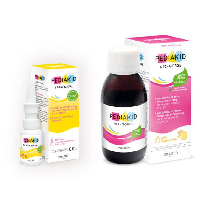 PEDIAKID - Duo Nez-Gorge Sirop & Spray- 1 sirop Nez-Gorge + 1 spray Nasal - Aide à dégager le nez et apaiser la gorge - Soutien de l'immunité