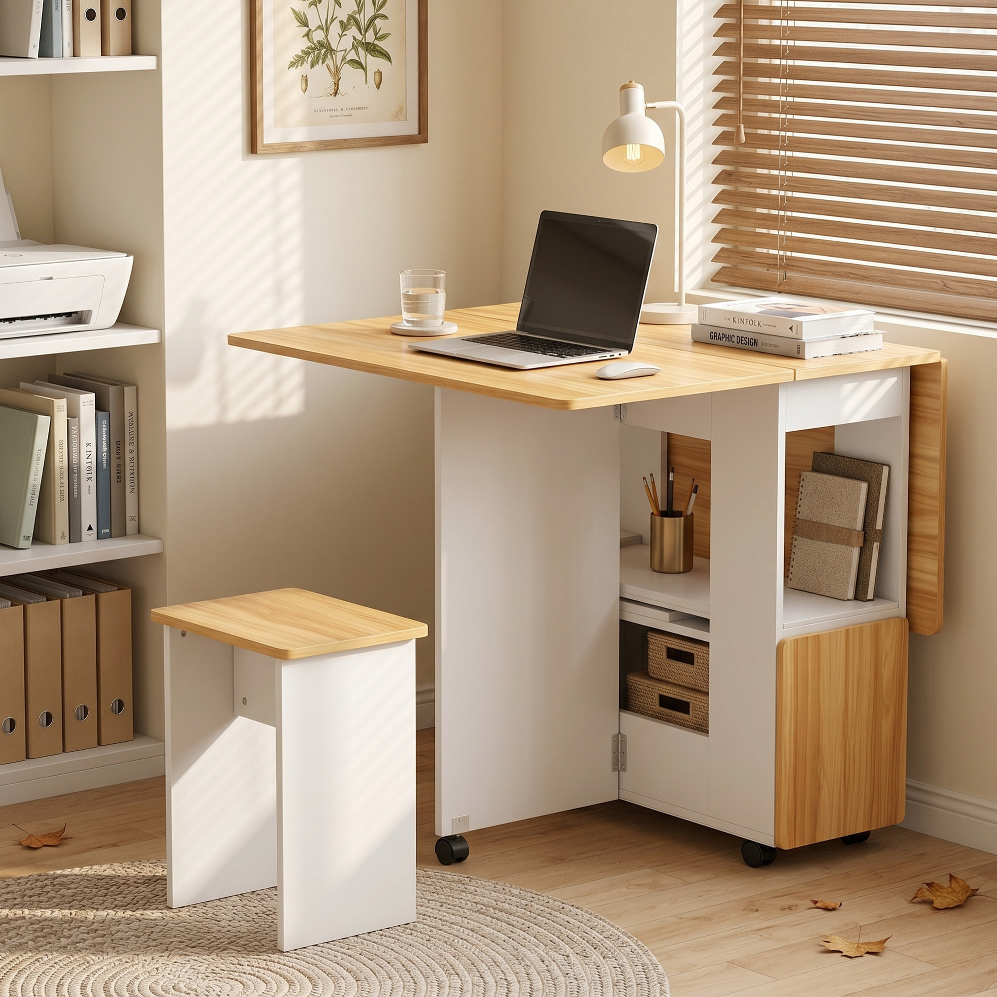 HOMCOM Conjunto Mesa y 4 Sillas de Comedor, Mesa de Comedor Plegable con Taburetes Ocultos, 2 Alas Abatibles, Ruedas, Estantes, Ahorro de Espacio, para 4-6 Personas, Roble