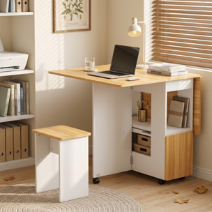 HOMCOM Conjunto Mesa y 4 Sillas de Comedor, Mesa de Comedor Plegable con Taburetes Ocultos, 2 Alas Abatibles, Ruedas, Estantes, Ahorro de Espacio, para 4-6 Personas, Roble