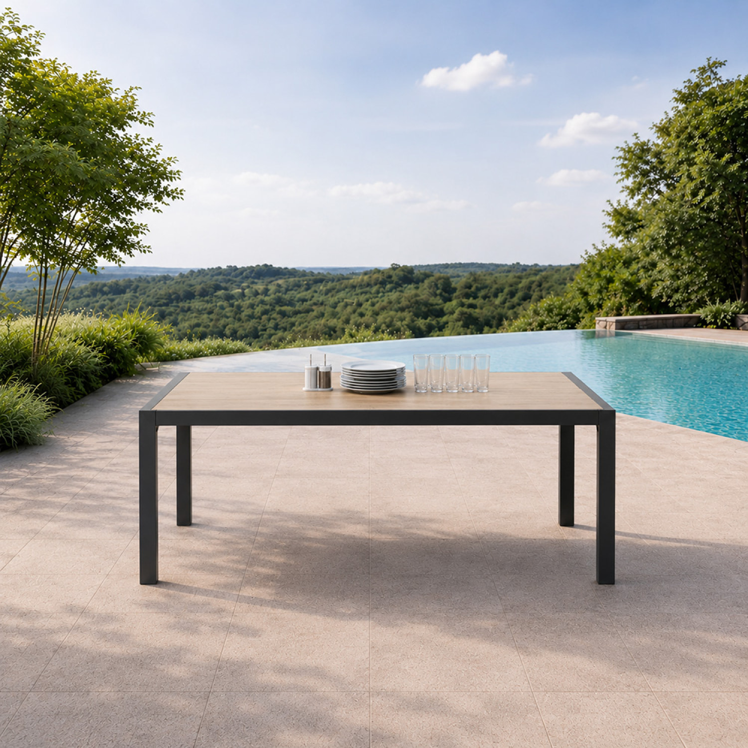 Table de jardin 200cm en aluminium et avec plateau en verre trempé effet bois NAIROBI