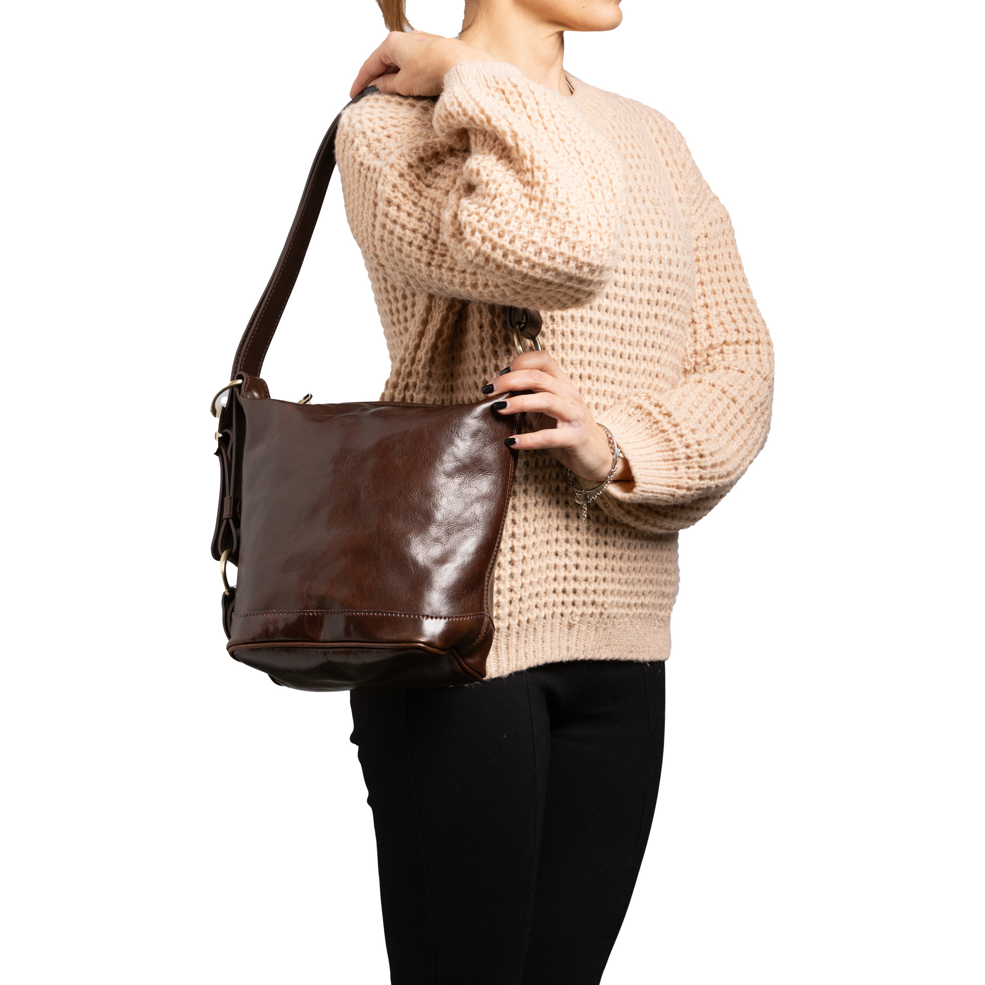 Borsa a secchiello  da donna In Vera pelle Made in Italy 25x28x14 cm