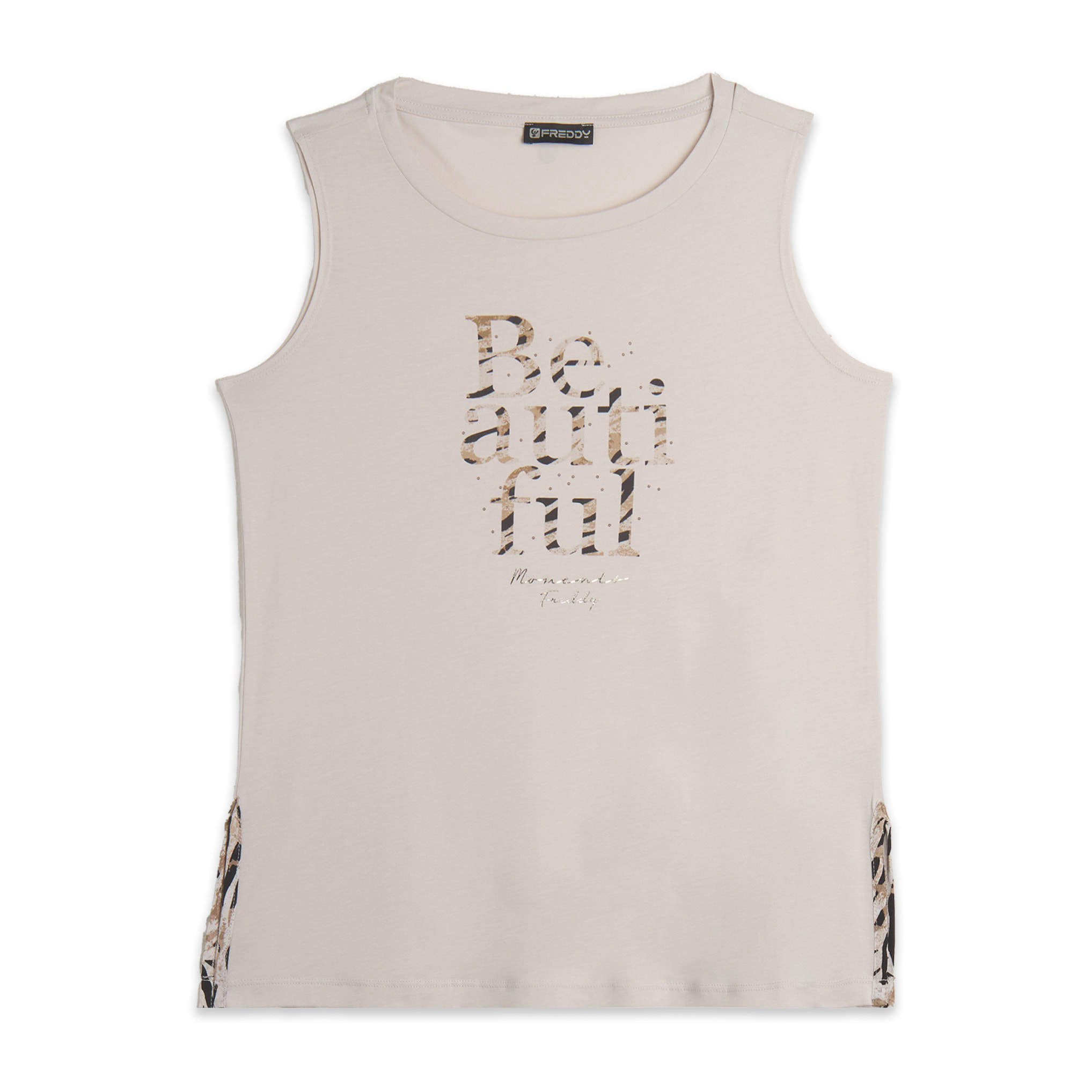 Canotta con fondo svasato e grafica con borchie