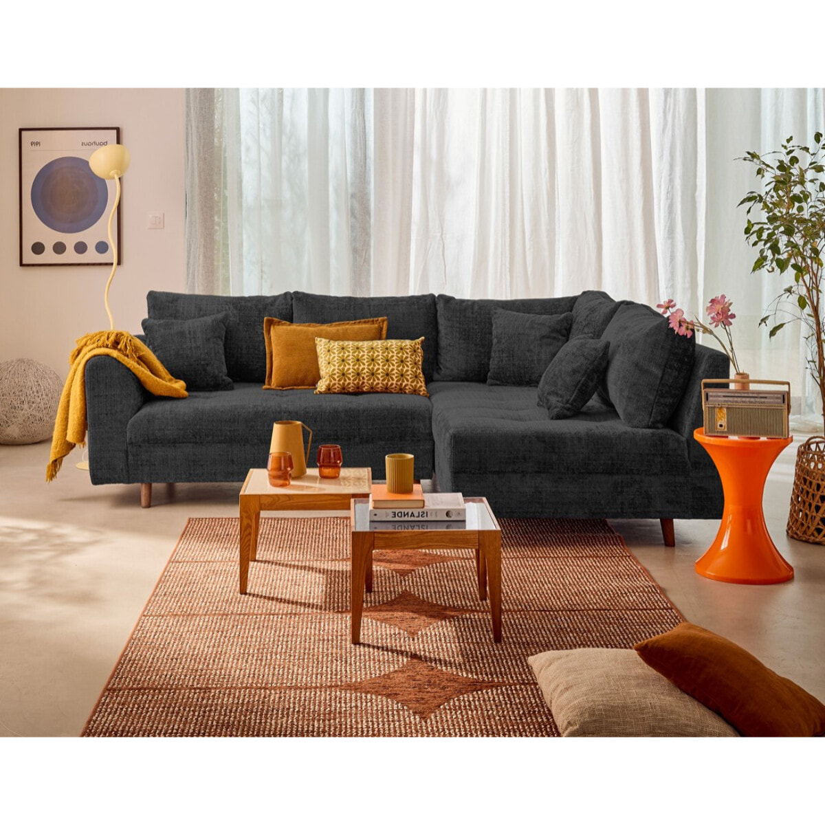Rune - canapé d'angle droit 4 places en velours texturé - Gris Anthracite