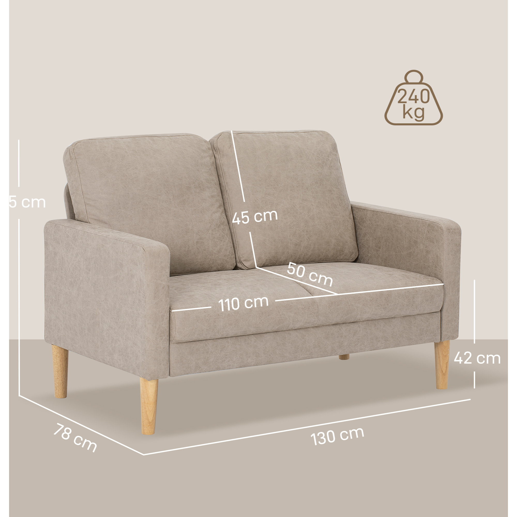 Sofá de 2 Plazas, Tapizado en Microfibra, Sofá Moderno con Patas de Madera, Reposabrazos, para Salón, Dormitorio, Oficina, Sala de Estar, 130x78x85 cm, Crema