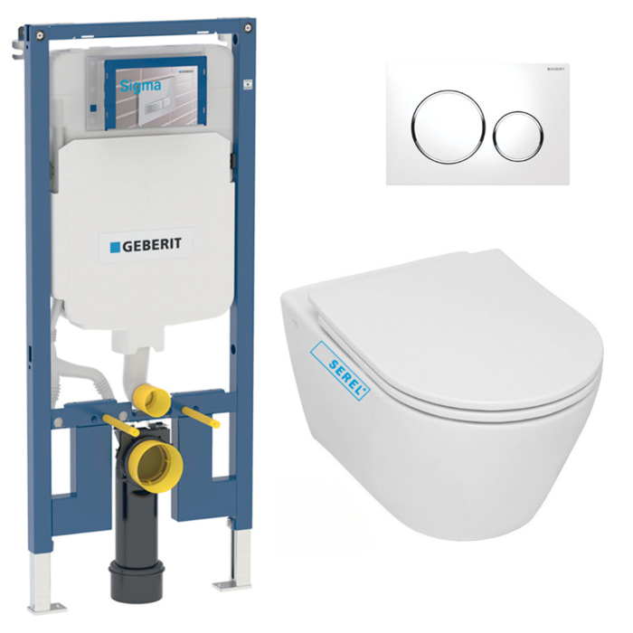 Pack WC Bati-support extra-plat UP720 + WC sans bride Serel sans bride + Abattant softclose + Plaque blanche