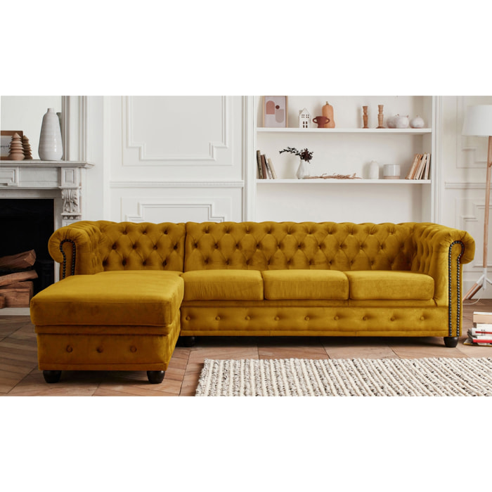 William - canapé Chesterfield d'angle gauche - 4 places - en velours - Jaune