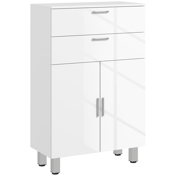 Mueble Auxiliar Baño Moderno Armario de Baño con 2 Cajones Armario y Estantes Ajustables Mueble de Almacenaje para Salón Dormitorio Antivuelco Carga 35 kg 60x30x93 cm Blanco Brillante