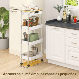 Carrito Auxiliar con Ruedas de 4 Niveles Carro de Cocina con 1 Cajón y 3 Cestas Carrito Organizador para Dormitorio Salón Oficina Blanco