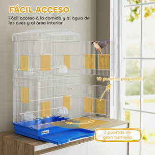 Jaula para Pájaros, Jaula de Metal para Pájaros con Puertas, 4 Comederos, 3 Perchas, Columpio, Bandeja Extraíble y Asa de Transporte, para Loro, Canario, Periquito, 46,5x35,5x92 cm, Azul
