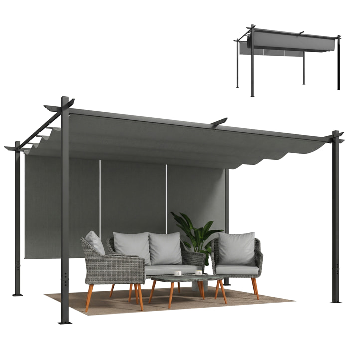 Pérgola de Jardín 4x3 m con Techo Retráctil y 3 Laterales Enrollables, Cenador de Jardín Montado en Pared o Independiente, con UPF30+, Estructura Metálica, Pabellón para Exterior, Gris