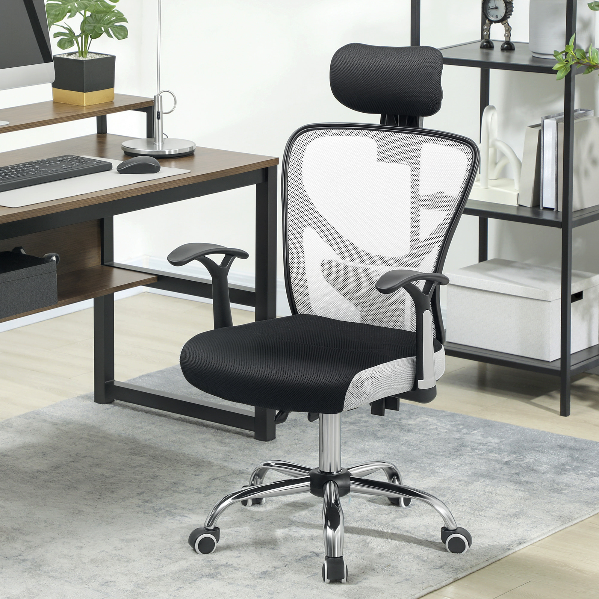 Silla de Escritorio Giratoria Silla de Oficina con Altura Ajustable Respaldo Reclinable Reposacabezas Regulable y Soporte Lumbar Tapizado en Malla Transpirable Gris