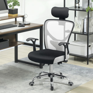 Silla de Escritorio Giratoria Silla de Oficina con Altura Ajustable Respaldo Reclinable Reposacabezas Regulable y Soporte Lumbar Tapizado en Malla Transpirable Gris
