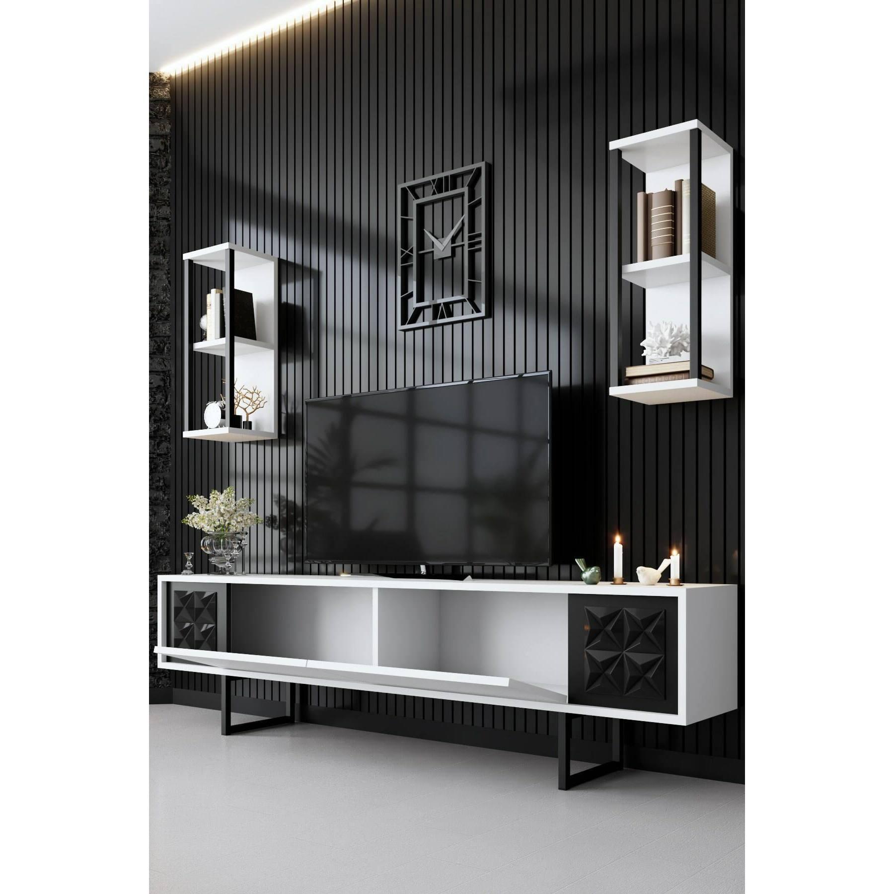 Mobile porta TV Dmiggian, Credenza da soggiorno, Armadio basso per TV, Base parete attrezzata, 180x30h48 cm, Bianco e Nero