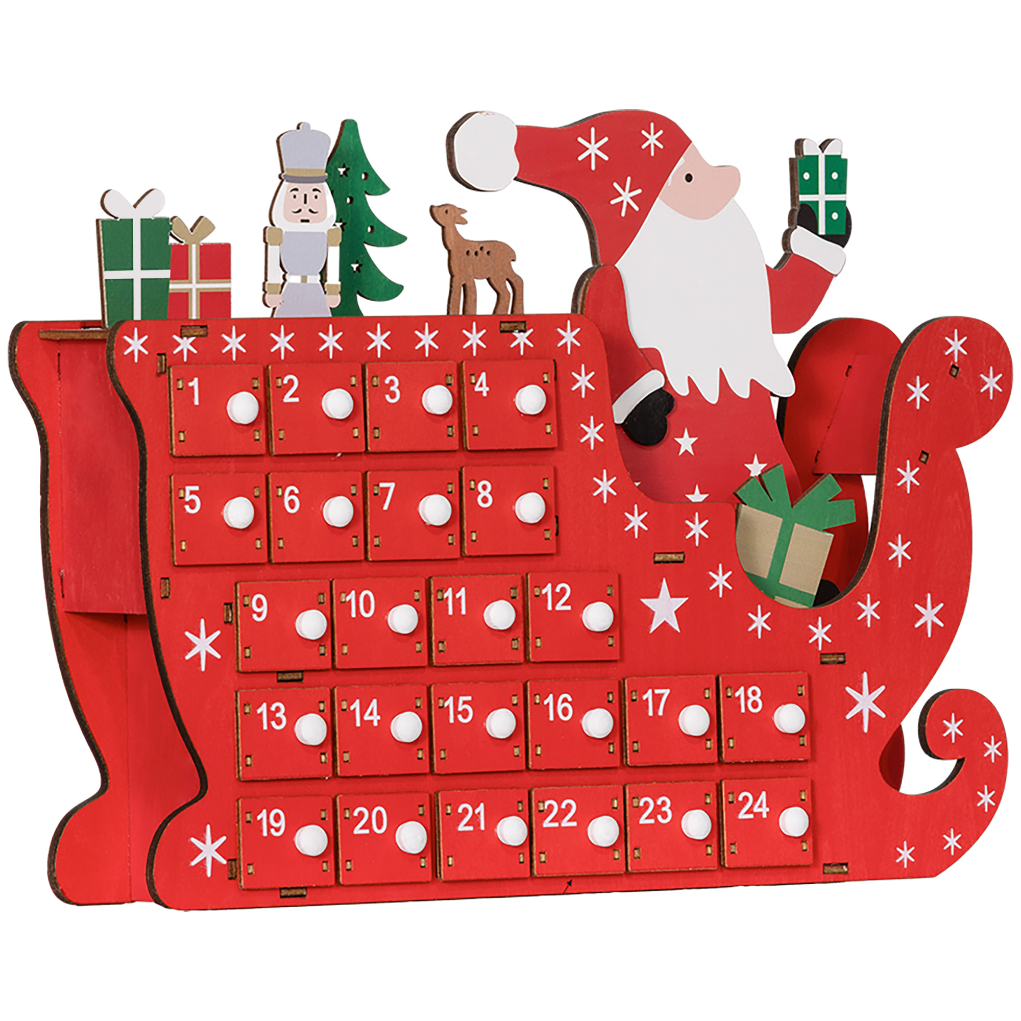 Calendrier de l'Avent en bois traineau - 24 tiroirs - décoration de Noël - blanc rouge