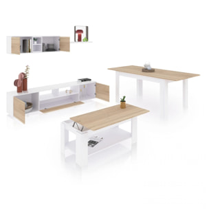 Pack salón con mesa de centro y mesa de comedor Kenzo Max V1A Blanco Artik (Blanco Mate) - Roble Canadian