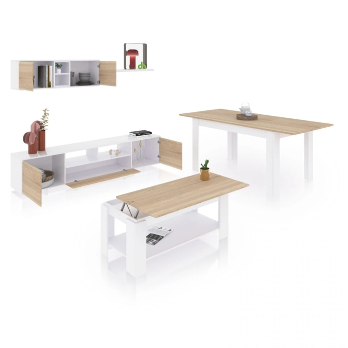 Pack salón con mesa de centro y mesa de comedor Kenzo Max V1A Blanco Artik (Blanco Mate) - Roble Canadian