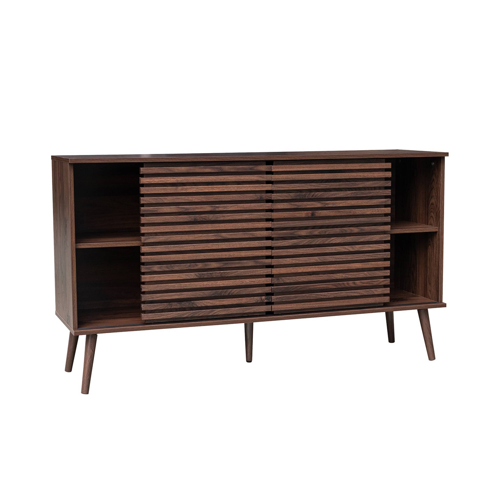 Buffet scandinave décor bois noyer avec 2 portes coulissantes rainurées et 4 étagères. buffet bas. L 140cm
