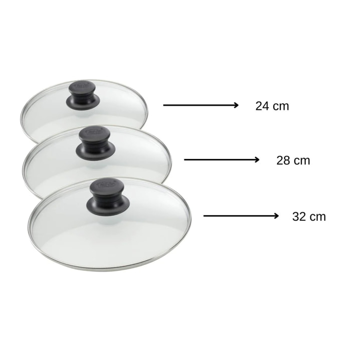 Set de 3 couvercles de cuisson en verre 24 cm 28 cm et 32 cm Elo