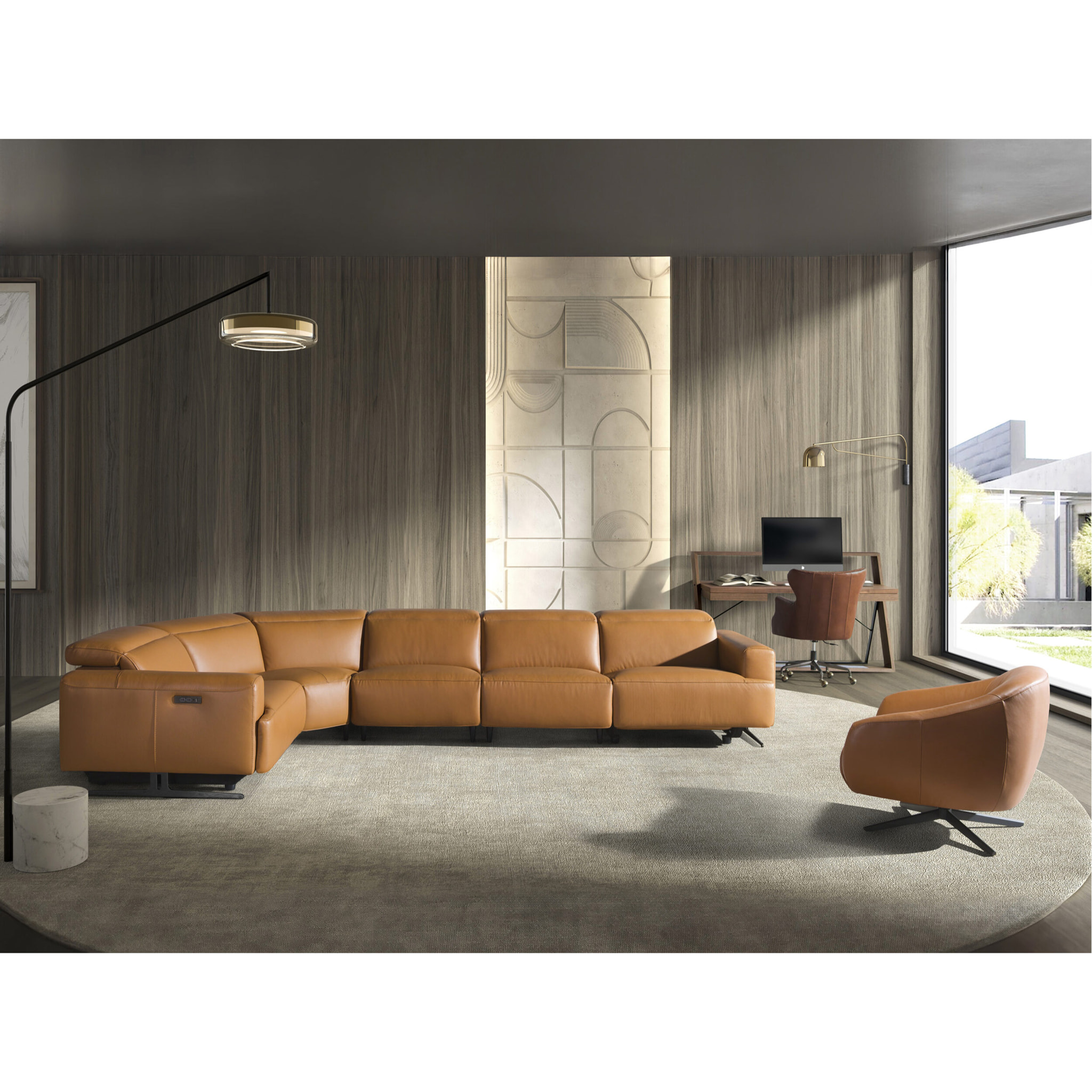 Sofá rinconera relax izquierda de 5 plazas tapizado en piel de origen vacuno en marrón con reposacabezas para garantizar una mayor comodidad patas de acero inoxidable en epoxi negro 310x310x97cm