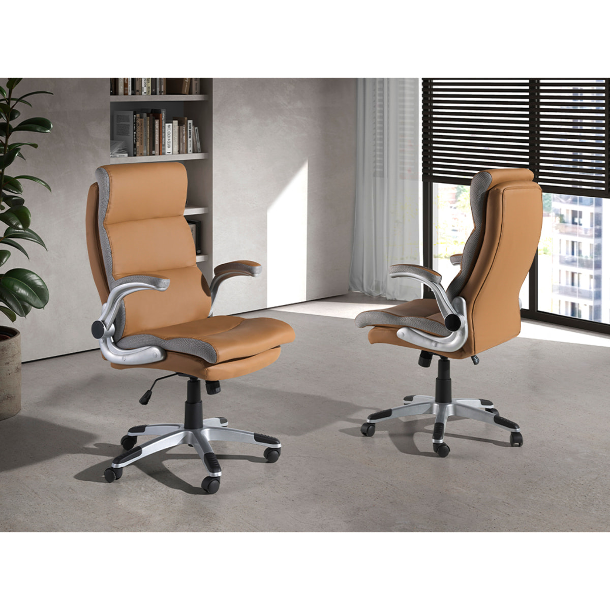 Silla Angel Cerdá oficina giratoria con asiento y respaldo tapizado en polipiel marrón patas en pvc en gris metal 66x72x112cm