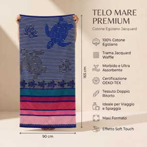 Telo mare in spugna jacquard, 90x165 cm, 100% cotone egiziano, super assorbente e ad asciugatura rapida, fantasia tartarughe intrecciata, morbido e resistente, certificato OEKO-TEX, ideale per spiaggia piscina e viaggio