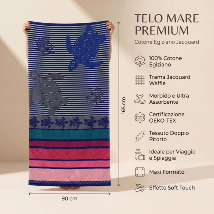 Telo mare in spugna jacquard, 90x165 cm, 100% cotone egiziano, super assorbente e ad asciugatura rapida, fantasia tartarughe intrecciata, morbido e resistente, certificato OEKO-TEX, ideale per spiaggia piscina e viaggio