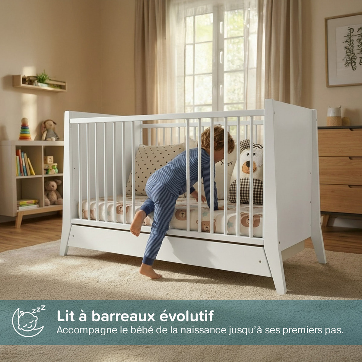 Lit Evolutif Timéo à barreaux 60 x 120 cm, Blanc, en Bois, 3 Hauteurs, Tiroir intégré, Barreaux amovibles