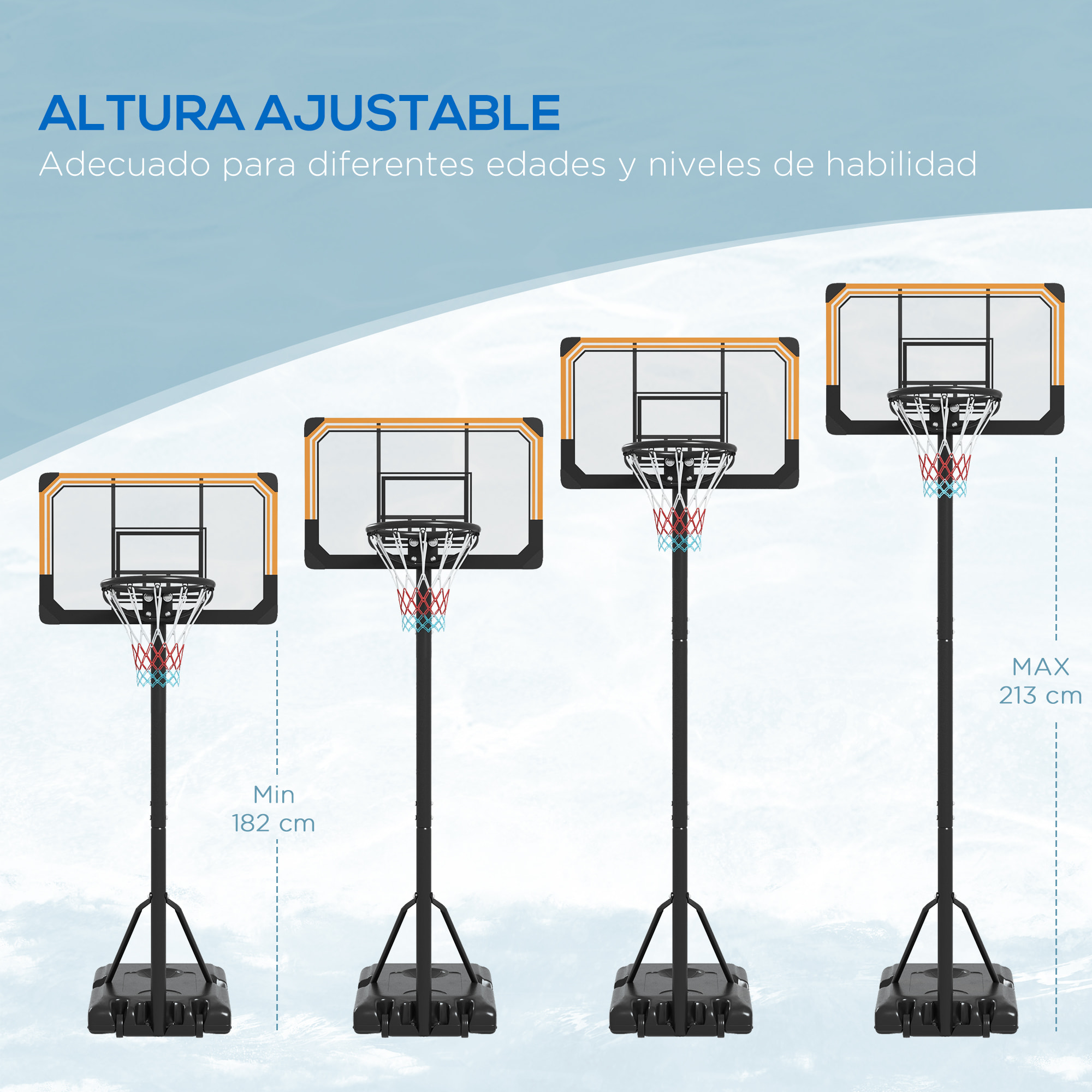 Canasta de Baloncesto de Exterior con Altura Ajustable 235-264 cm Aro de Baloncesto con Soporte Canasta de Baloncesto con Ruedas Base Rellenable Negro