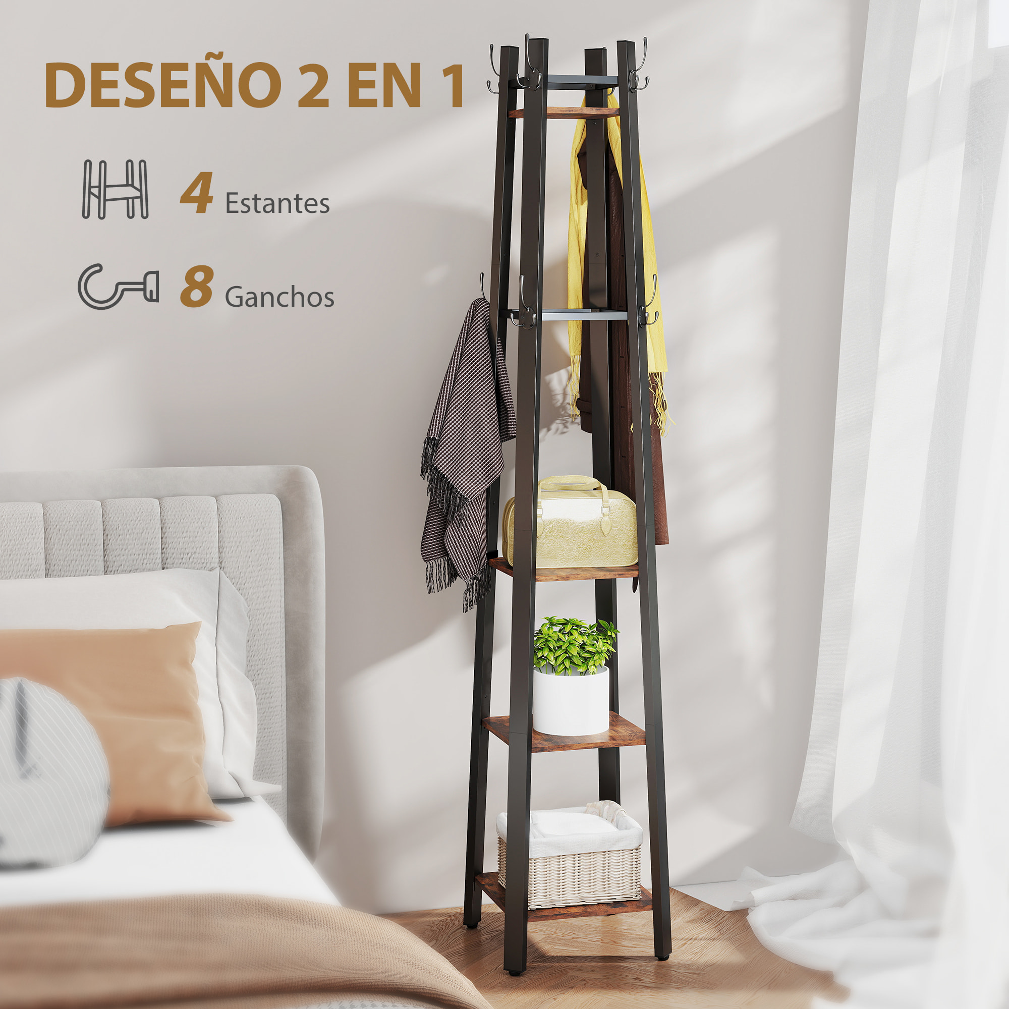 Perchero de Pie de 4 Niveles, con 4 Estantes, 8 Ganchos, Perchero de Entrada Recibidor con Estructura Metálica, para Colgar Ropa, Sombrero, en Pasillo, Sala de Estar, Dormitorio, Marrón Rústico