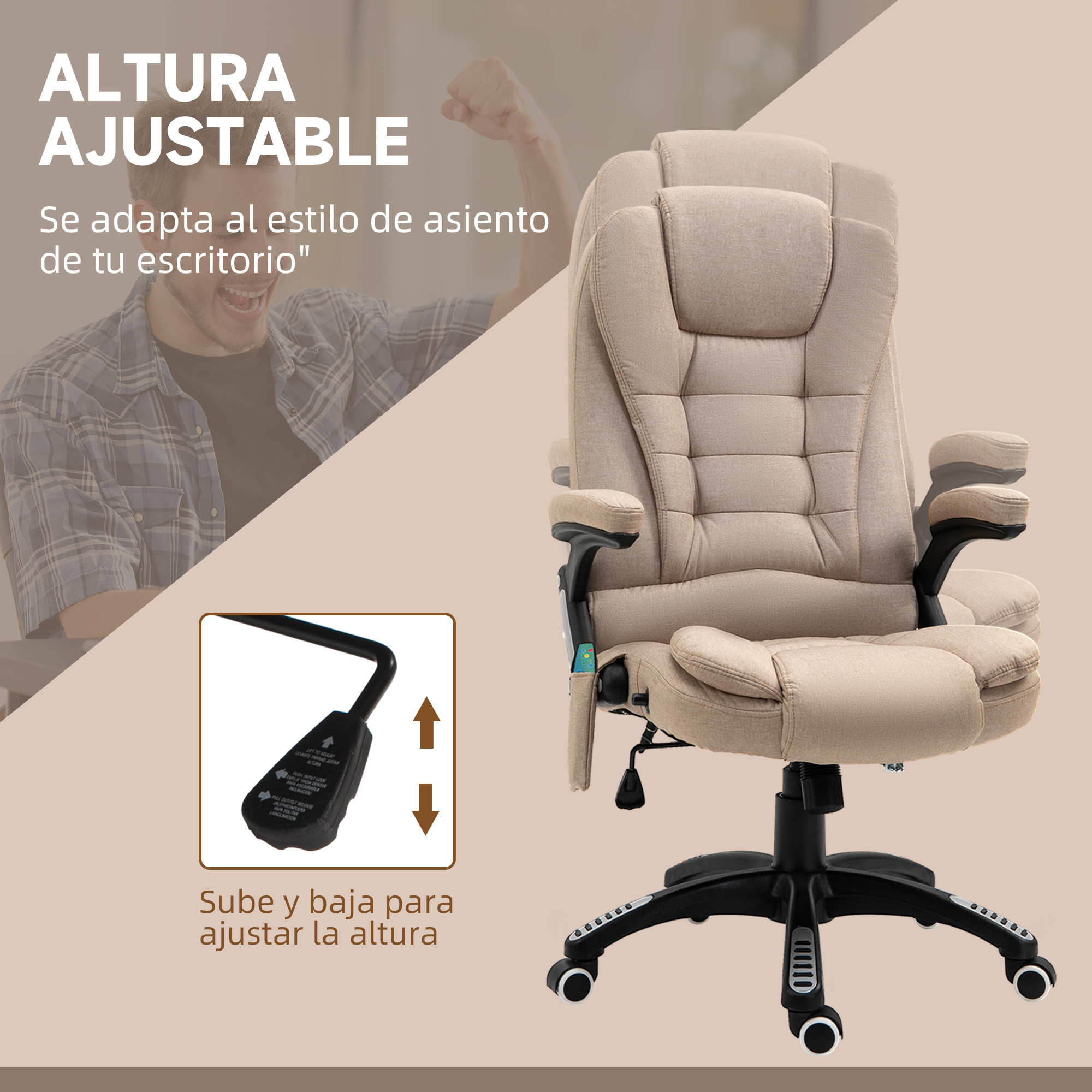 Silla de Oficina con Masaje de 6 Puntos Silla de Escritorio Giratoria con Función Basculante con Calefacción Altura Ajustable Respaldo Reclinable y Mando a Distancia Caqui