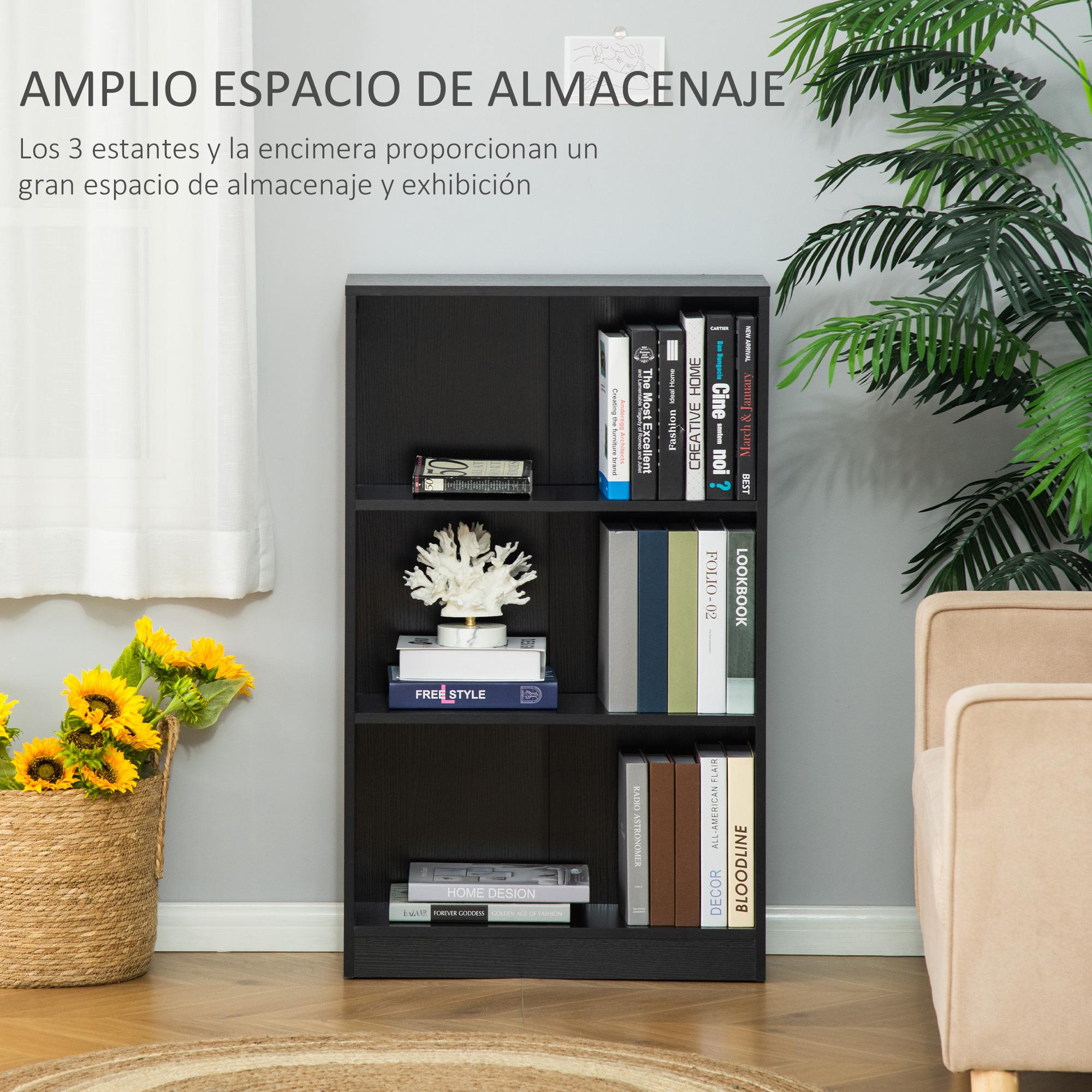 HOMCOM Estantería Librería con 3 Compartimentos de Almacenaje Libros CDs Plantas para Salón Estudio Dormitorio 62,2x24x102,4 cm Negro