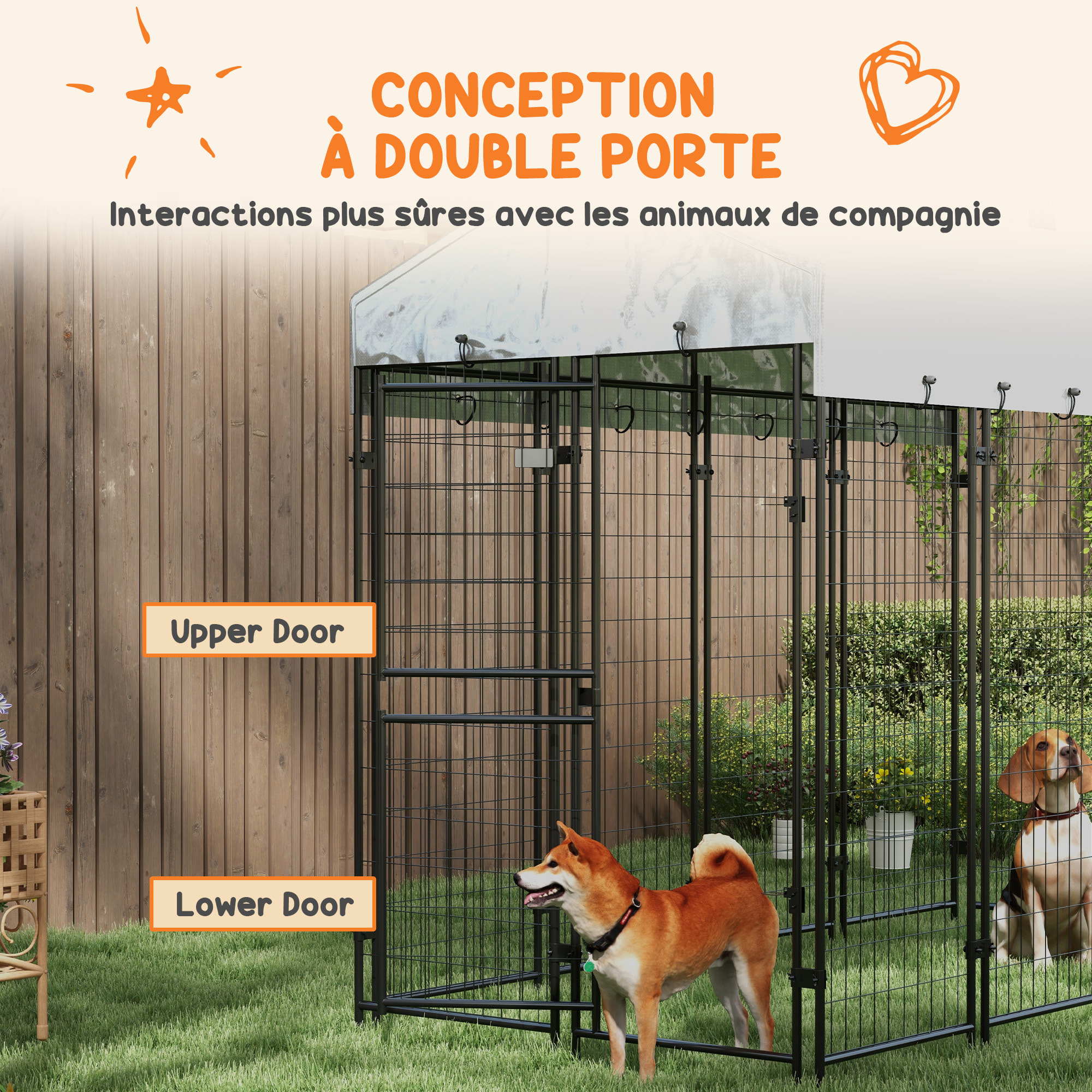 Chenil extérieur chien - cage chien - enclos chien - toile toit imperméable anti-UV, 2 portes verrouillables - acier noir PE gris