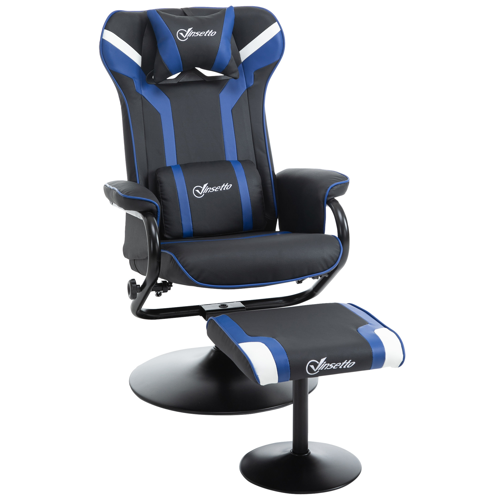 Fauteuil gamer inclinable pivotant avec repose-pied - coussins lombaires, tétière inclus - revêtement synthétique bleu noir