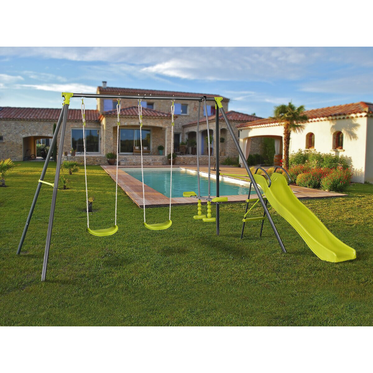 Portique en métal avec toboggan "Enzo II " - 4 agrès - Vert