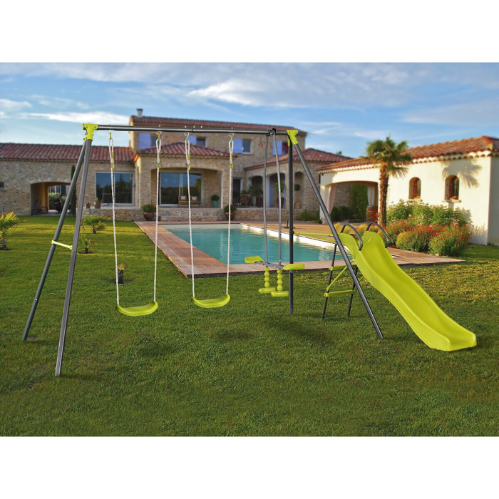 Portique en métal avec toboggan "Enzo II " - 4 agrès - Vert