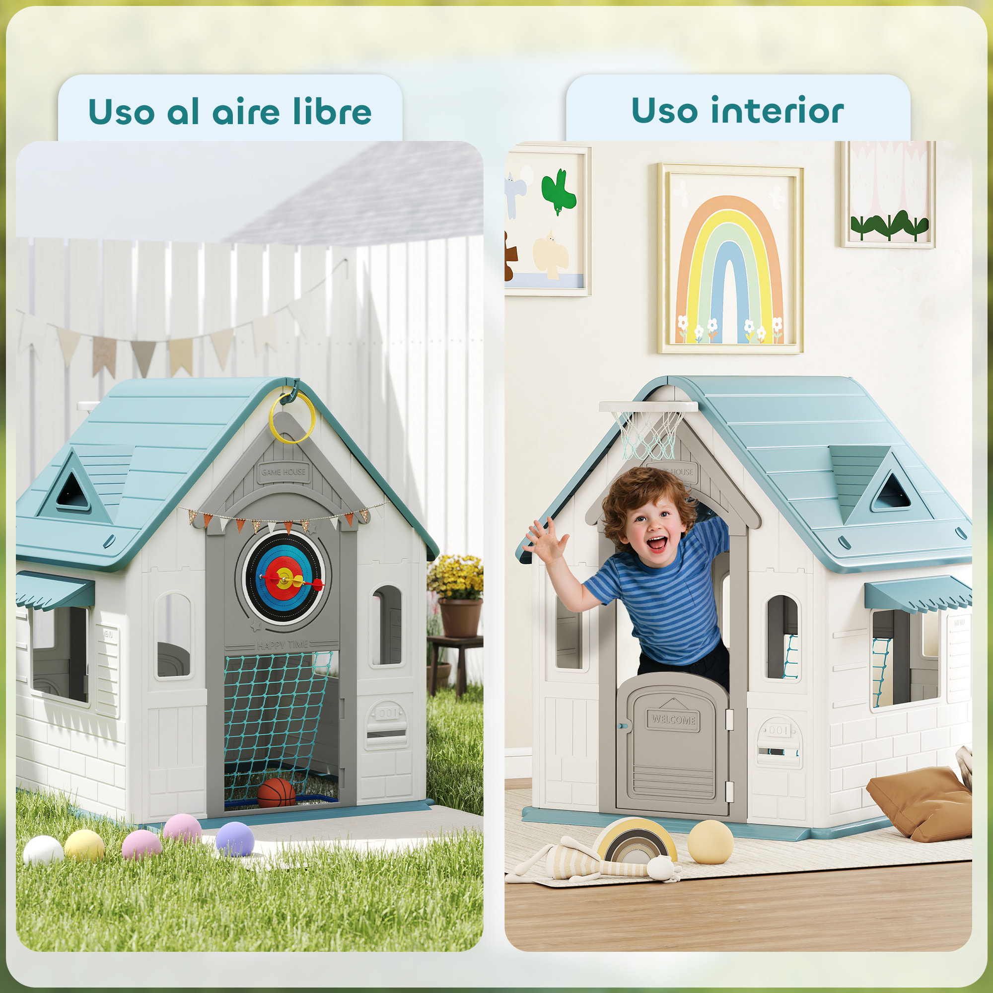 Casita Infantil Exterior e Interior 5 en 1, Casita Infantil de Jardín con Lanzamiento de Aros, Baloncesto, Fútbol, Dardos, Casa de Juegos para Niños de 2-5 Años, Beige