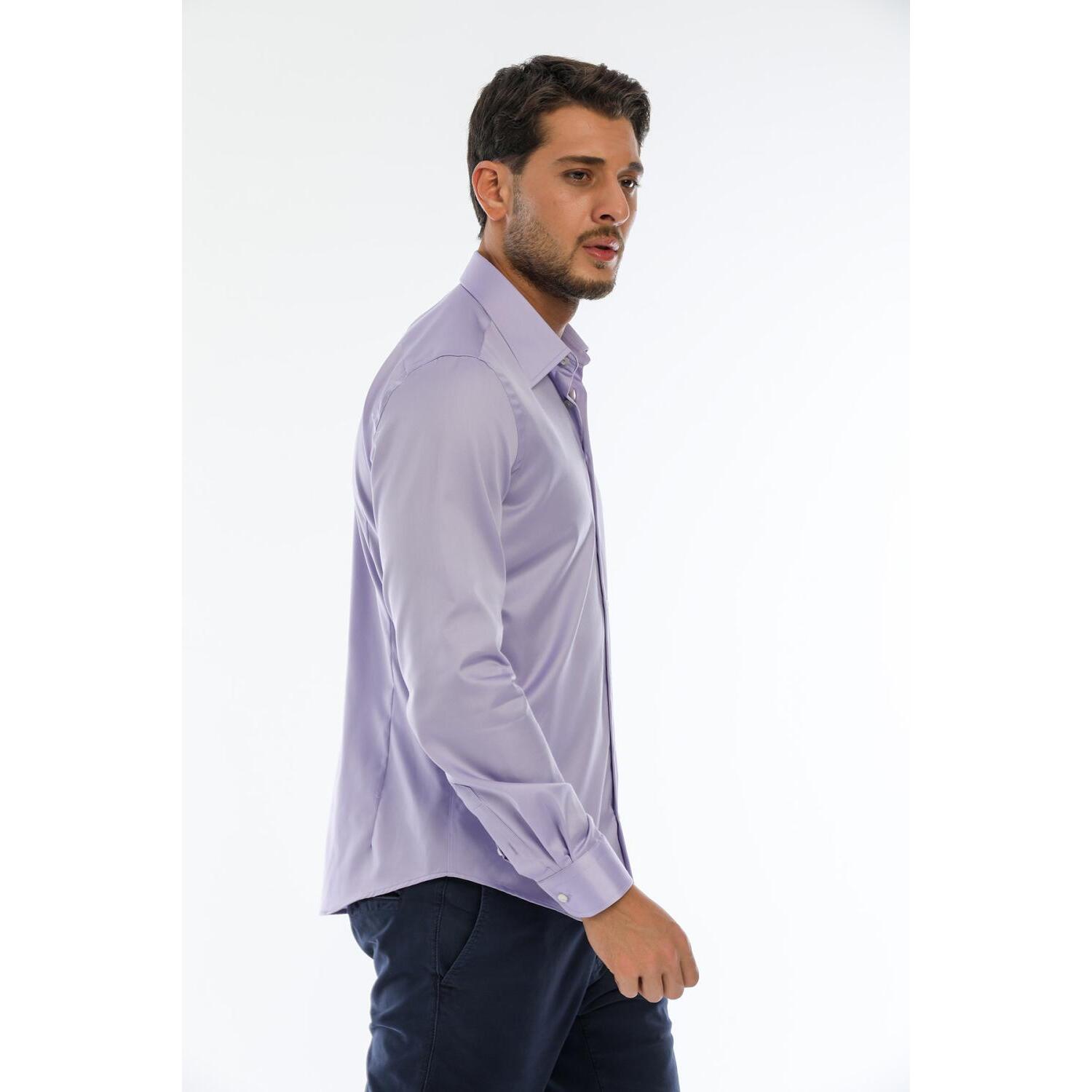 Camicia Uomo 1 Bottone Italiano Slim Satin Unito Lilla