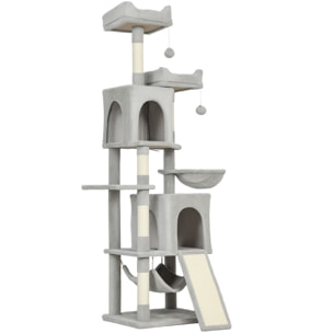 Arbre à chat design grande taille H.177cm équipements jeux multiples sisal naturel peluche gris clair