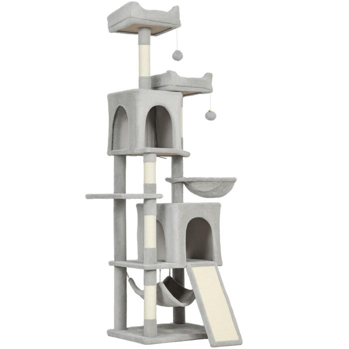 Arbre à chat design grande taille H.177cm équipements jeux multiples sisal naturel peluche gris clair