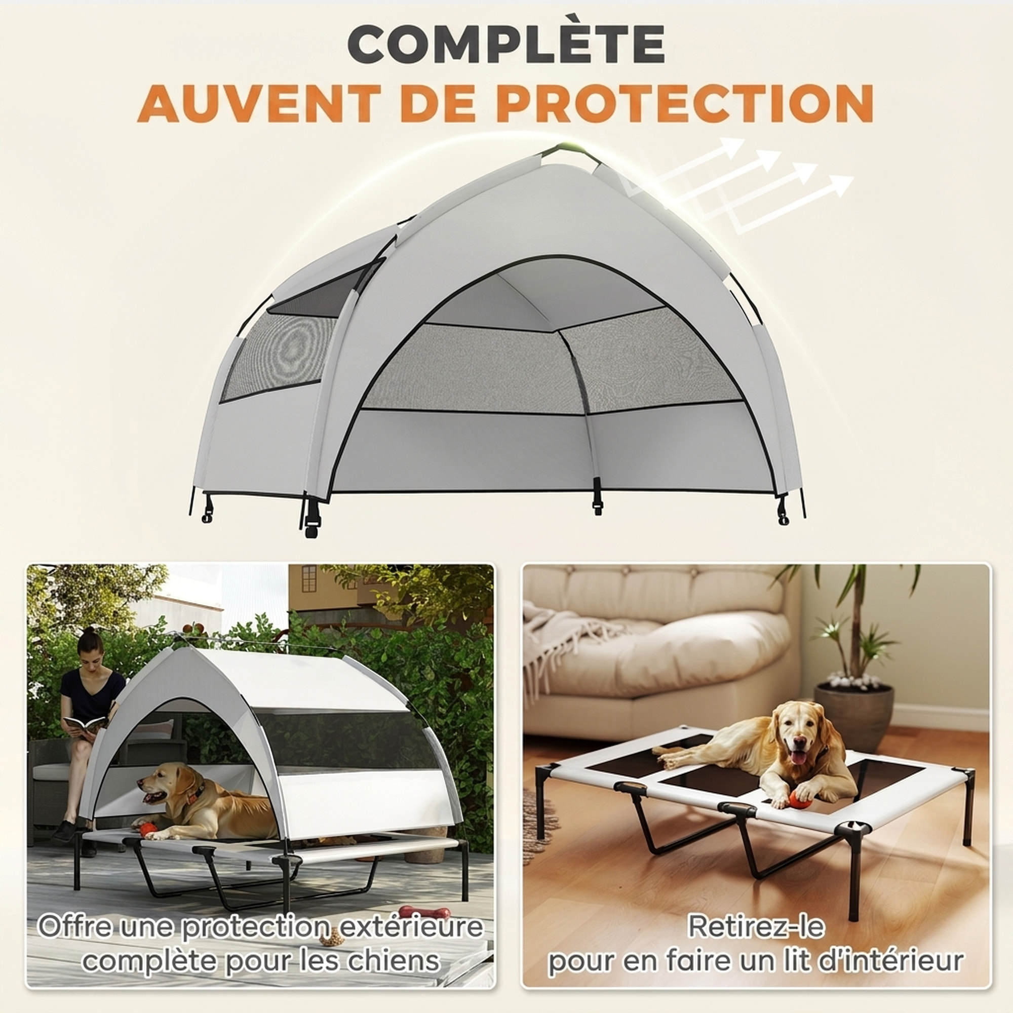 Lit pour chien sur pieds grande taille XXL avec auvent gris