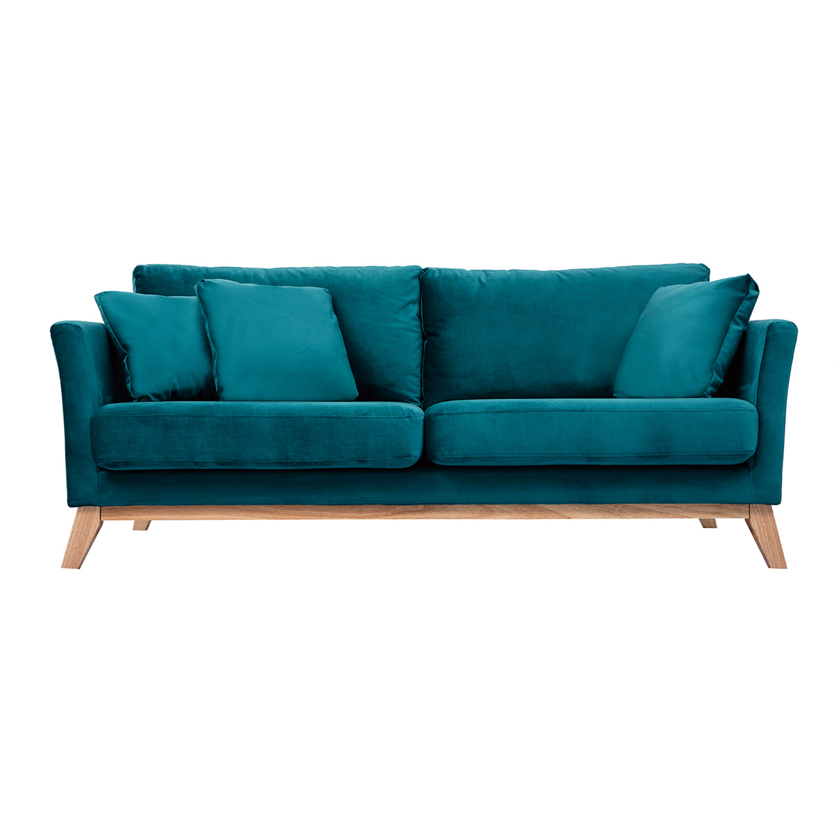 Canapé scandinave déhoussable 3 places en tissu velours bleu pétrole et bois clair OSLO