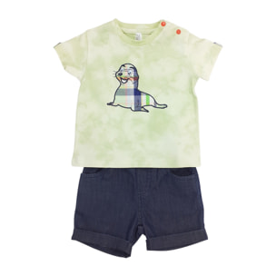 SET TSHIRT JERSEY VERDE MALTINTO E SHORT CHAMBRAY APPLICAZIONE FOCA