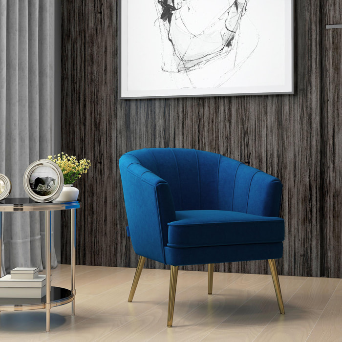 Fauteuil coquillage fauteuil design dim. 71L x 72P x 75H cm piètement doré effilé velours bleu roi