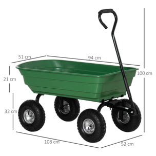 Chariot de Jardin 100L max. 250 Kg 4 roues pneumatiques poignée réglable noir vert