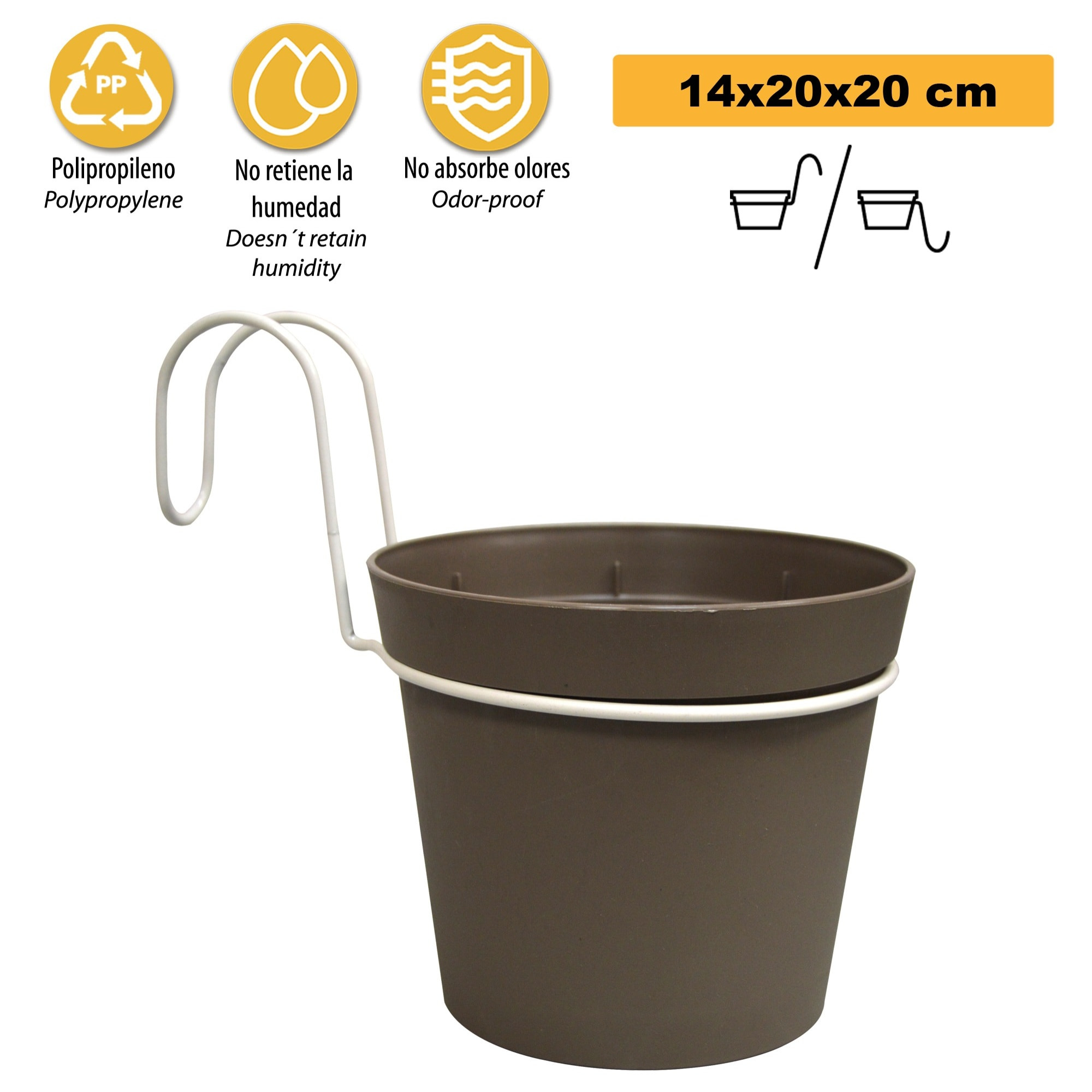 4 macetas cilíndricas ø 14 cm con ganchos, en polipropileno gris