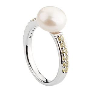 PERLAVIVA - Anello Solitario in Argento 925 placcato Oro Bianco 18Kt con Cubic Zirconia Gialle e Perla Bianca d'Acqua Dolce Ø 9 mm