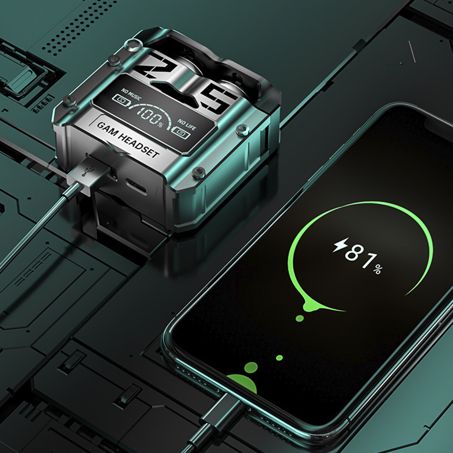 Cuffie TWS M25 con modalità musica e modalità gaming a bassa latenza. Base di ricarica da 800 mAh.