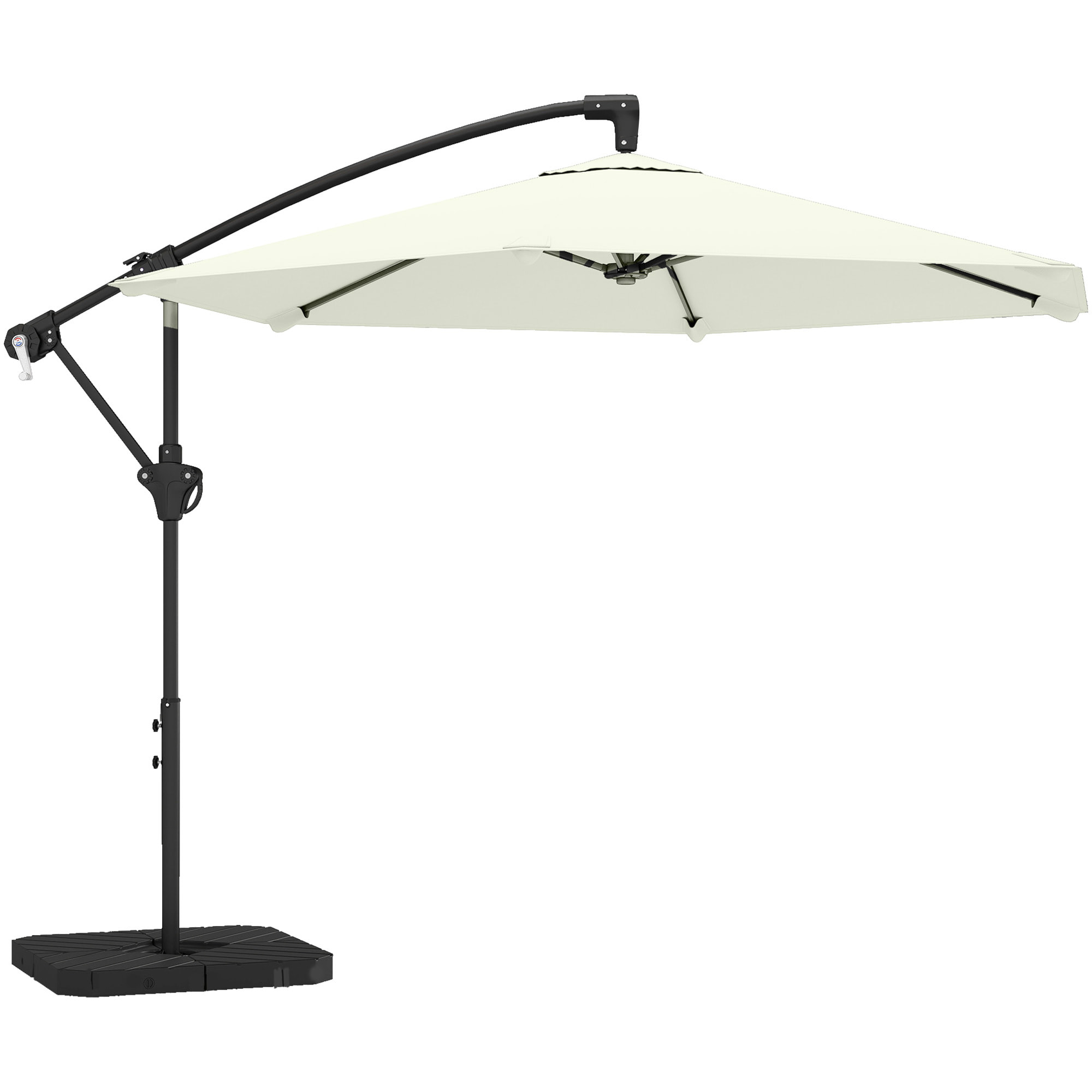 Parasol déporté 3 m avec pied en croix et dalles lestage, parasol de jardin extérieur avec manivelle et loquet de verrouillage, toile polyester 180 g/m², protection UV 30+, crème