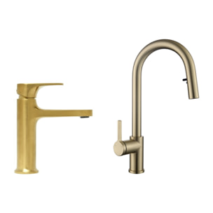 Dark set mitigeur lavabo + mitigeur cuisine Ceramia Timeless acier inoxydable, douchette extractible 2 jets, or (SATB285BG)