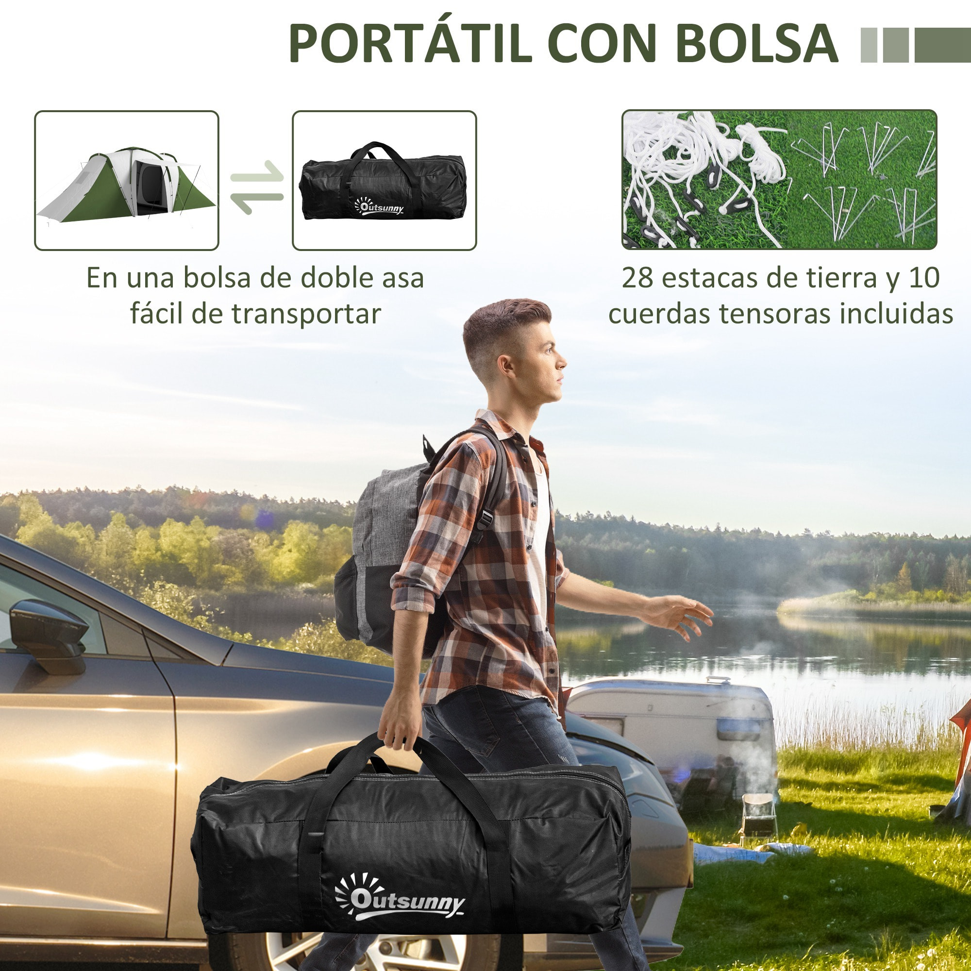 Tienda de Campaña Familiar para de 4-6 Personas con 2 Dormitorios Tienda de Camping Plegable Impermeable 3000 mm con Bolsa para Senderismo 555x225x190 cm Gris y Verde